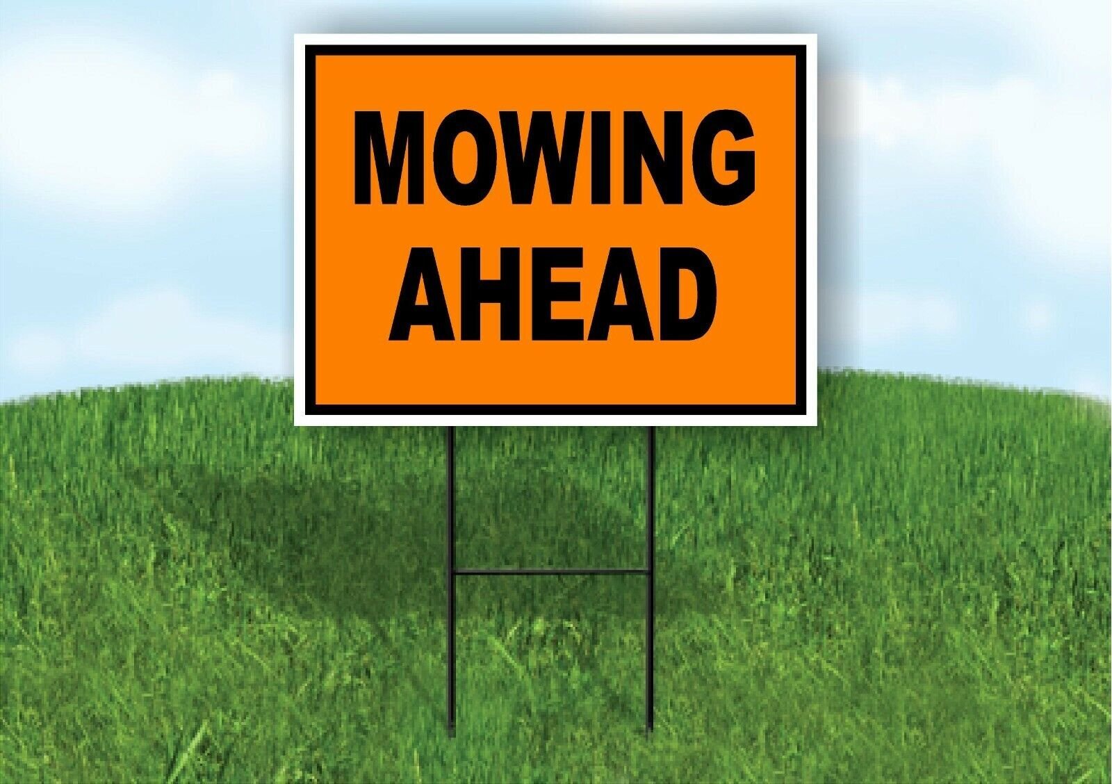 MOWING Ahead Construction ORANGE BLACK Yard Sign Road with Stand LAWN SIGN