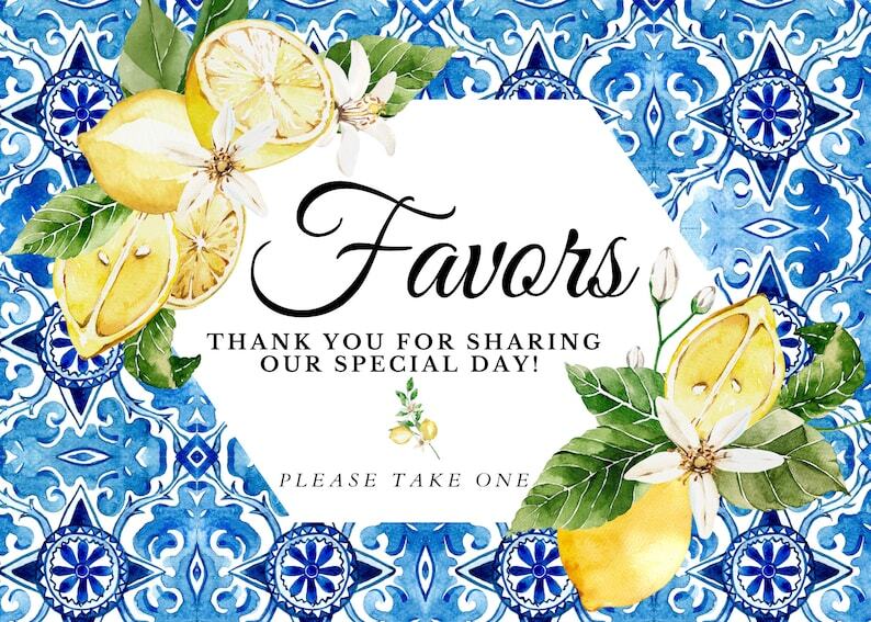 Lemon Italian Blue Tile Favor Sign Baby Bridal Shower Wedding Yellow Blue Tile