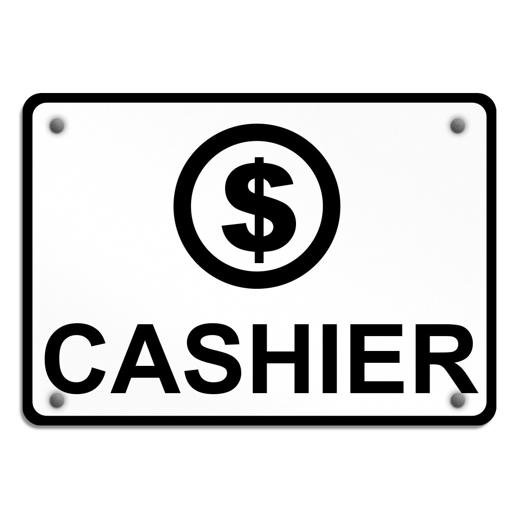 Aluminum Horizontal Metal Sign Cashier Black on White W Symbol Business