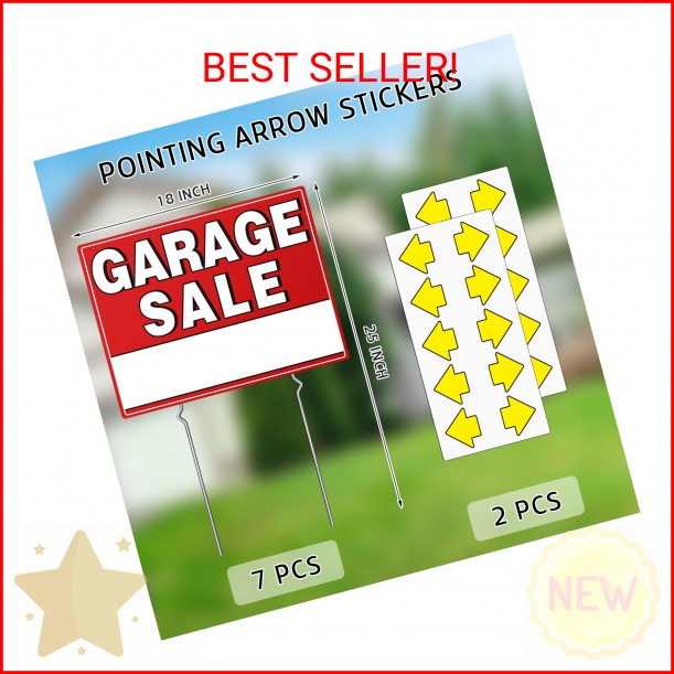 7 Pcs Garage Sale Sign With Metal Stakes, 17&Prime; x 13&Prime;, Double-Sided With 20 Direct