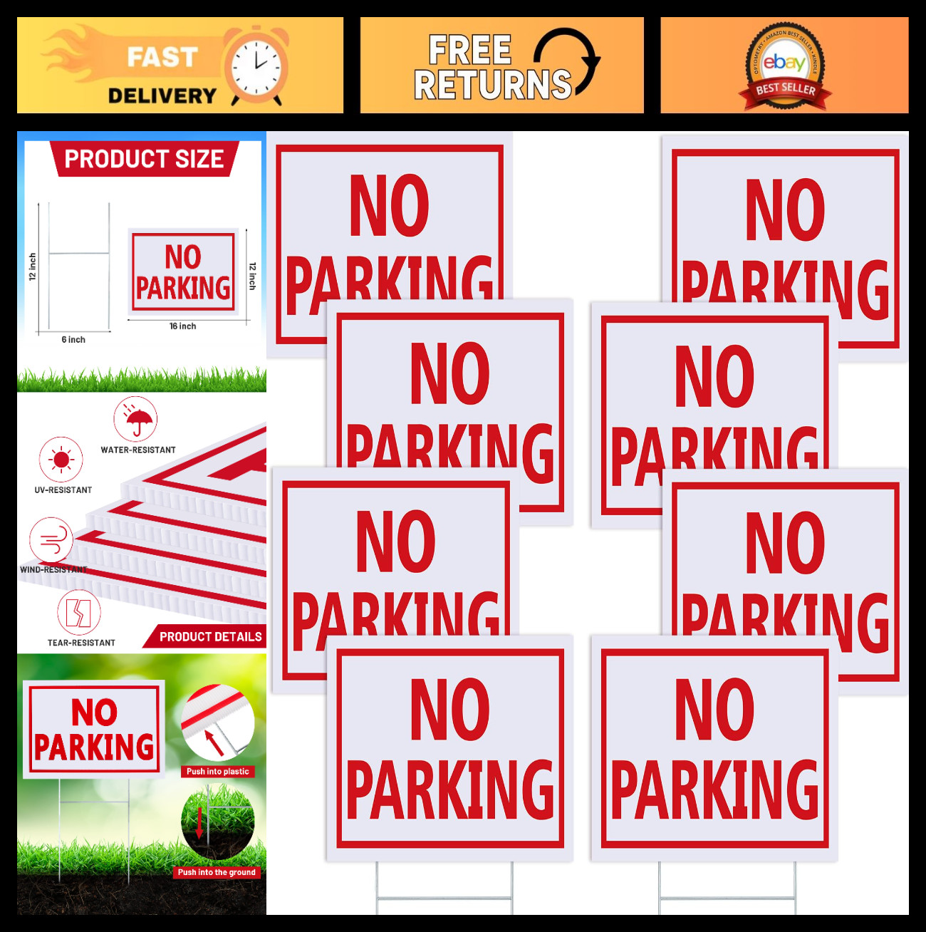 12×16 Inch No Parking Signs – 8 Pcs Waterproof Double-Sided Yard Signs with Stak