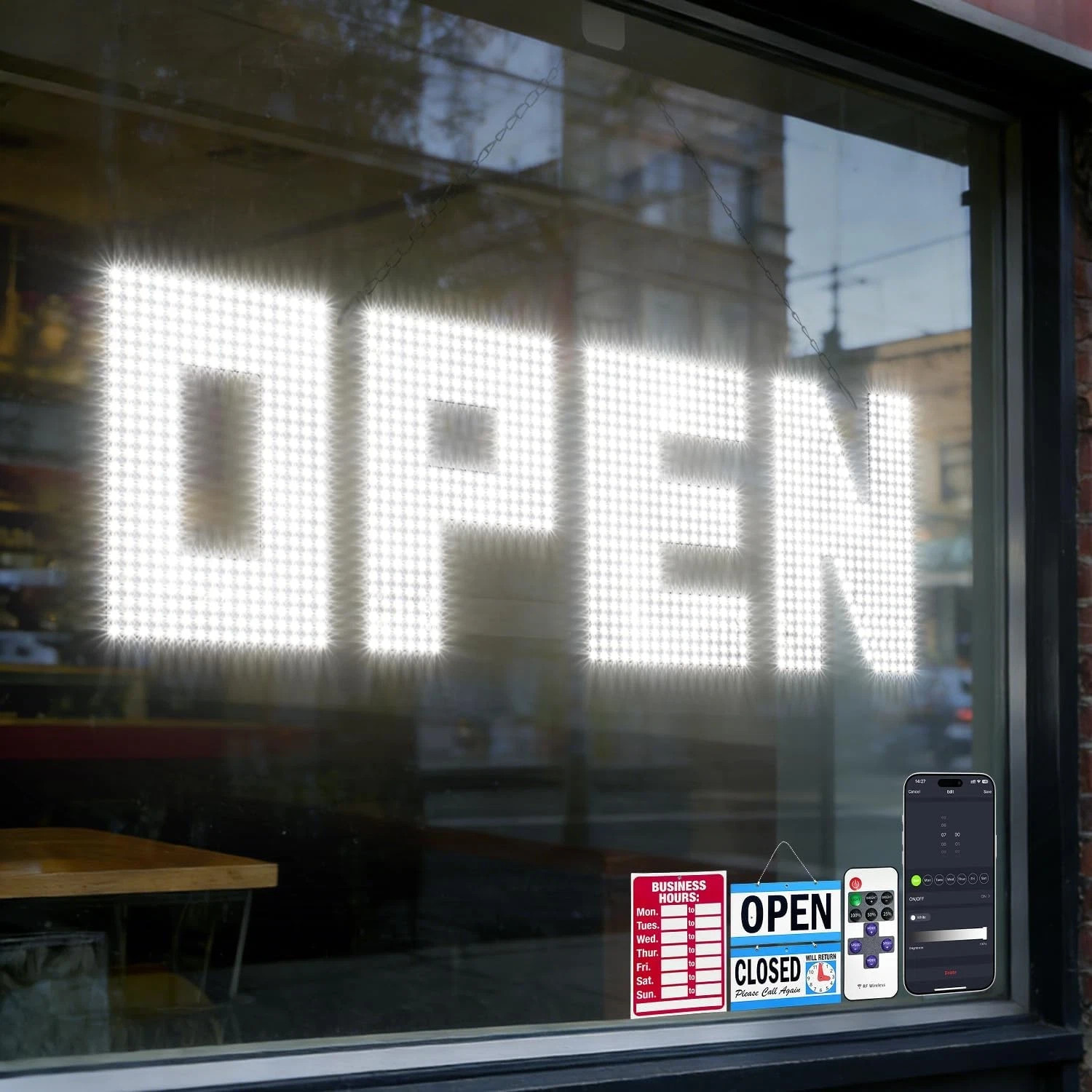 Large 43&Prime;x14&Prime; Dimmable LED Open Sign for Retail Shops & Cafes