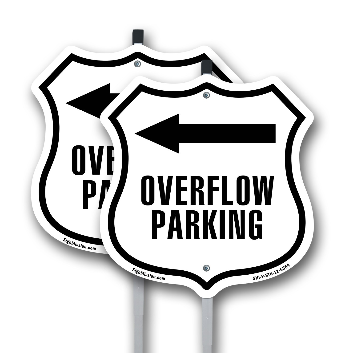 Overflow Parking Left Shield Shaped Sign With Stake Crafted in the USA