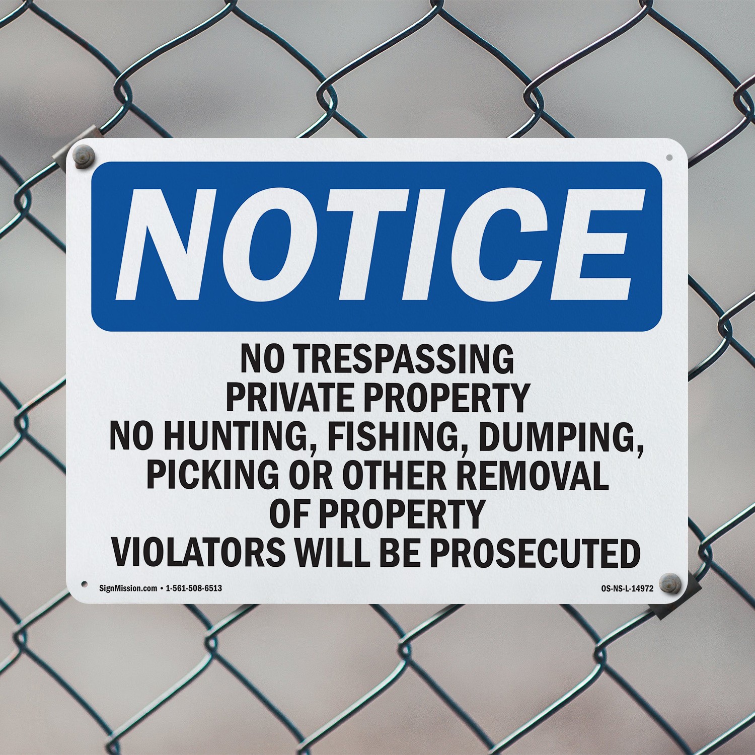 No Trespassing Private Property No Hunting OSHA Notice Sign, Decal 5 or 10 Pack