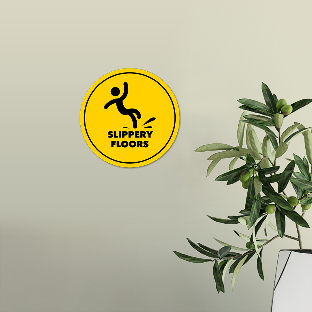 Circle Plus Slippery Floors Wall or Door Sign | Easy Installation
