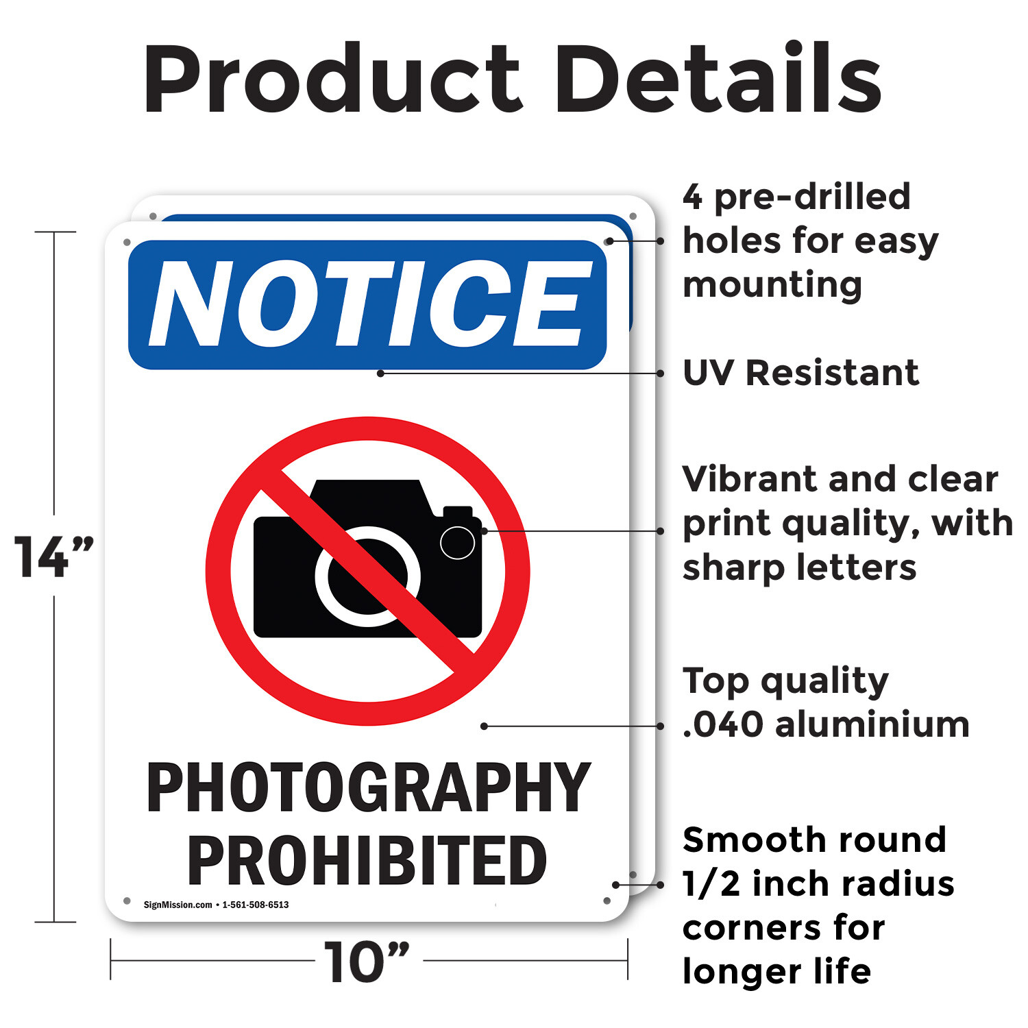 (2 Pack) Photography Prohibited OSHA Notice Sign Decal Metal Plastic