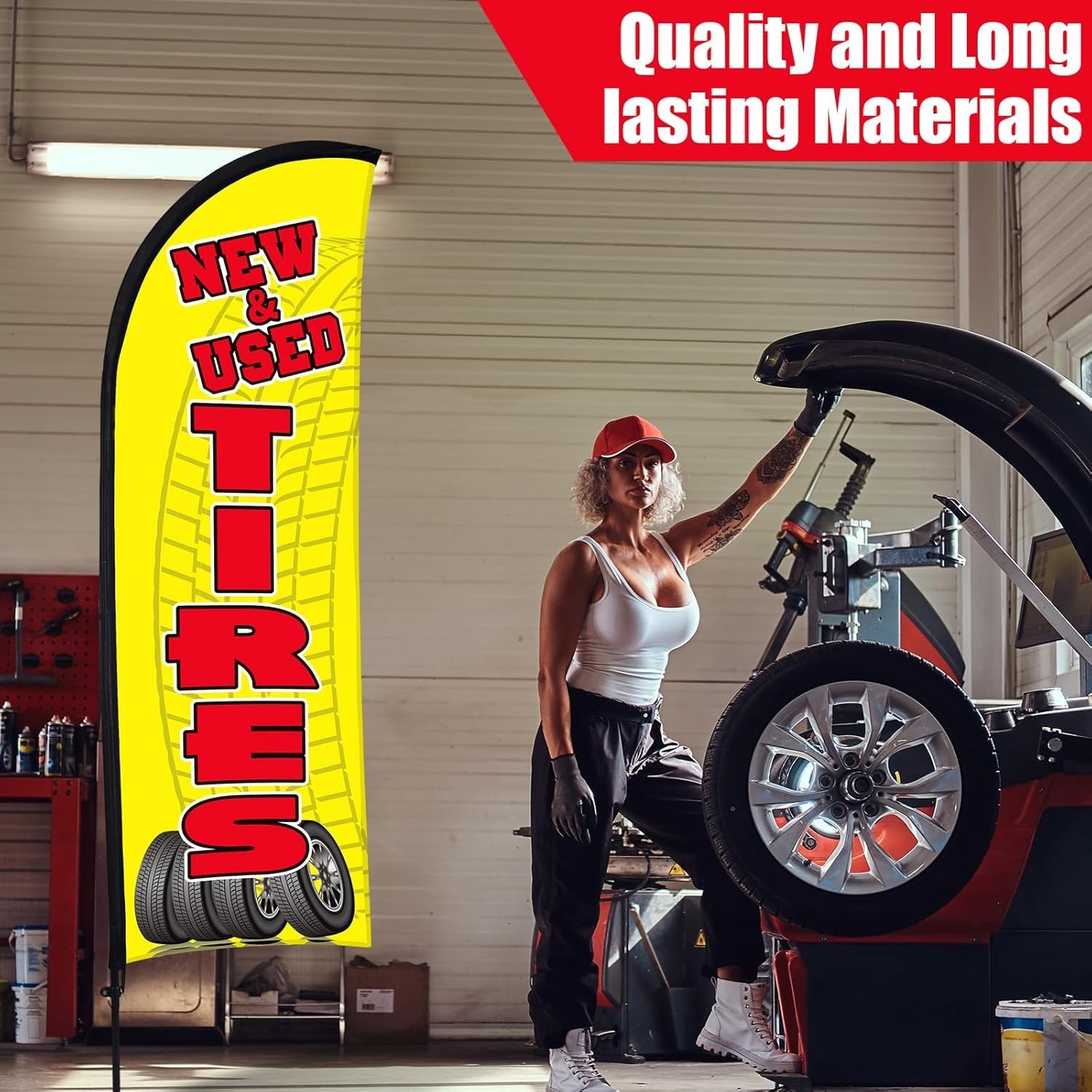 3 Sets Tires Shop Feather Flags with Poles 7ft New and Use Tires Flags for Busin