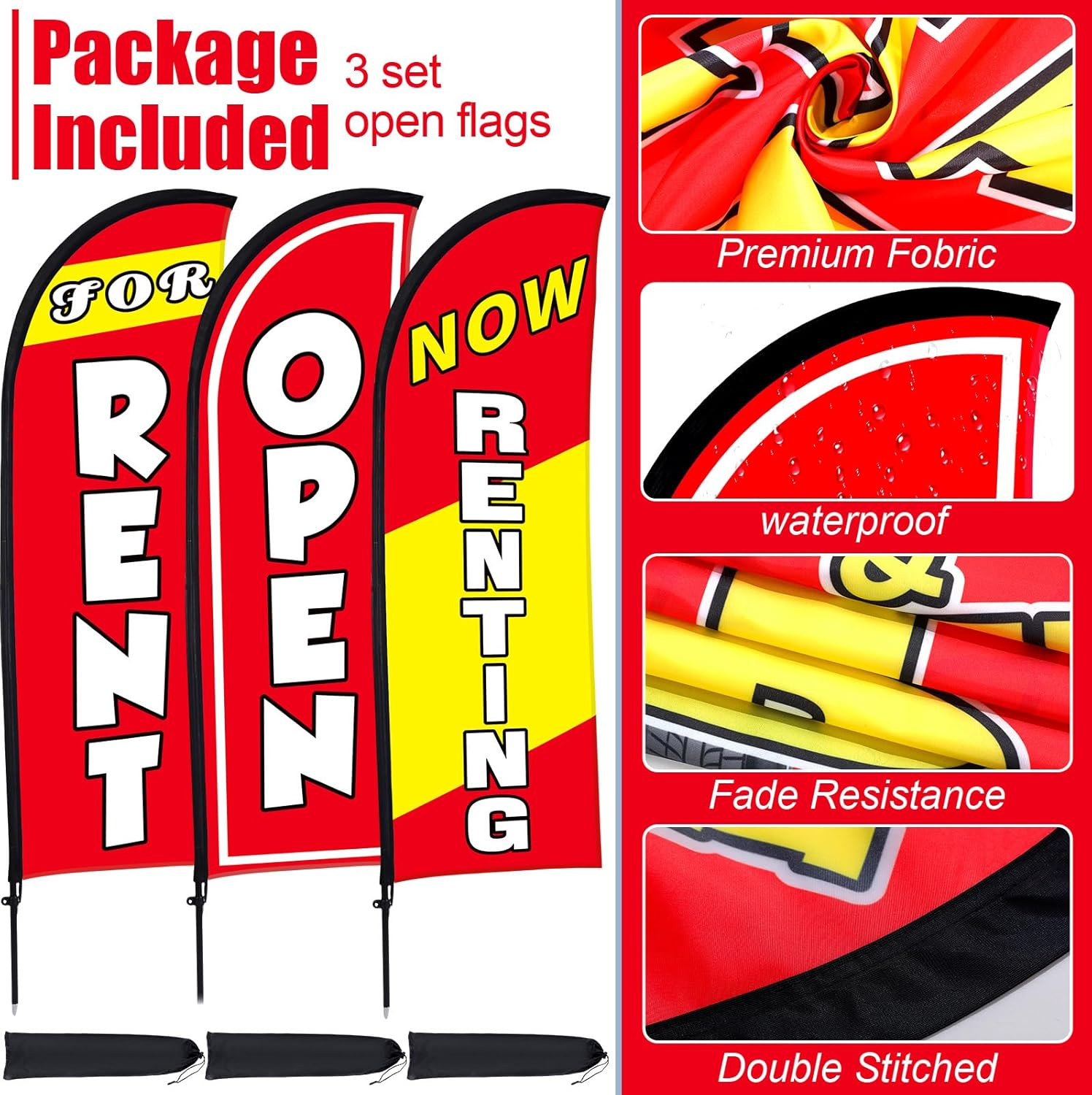 7 Ft Feather Flag Kit – « Now Renting Open » with Pole & Ground Stake (Red)