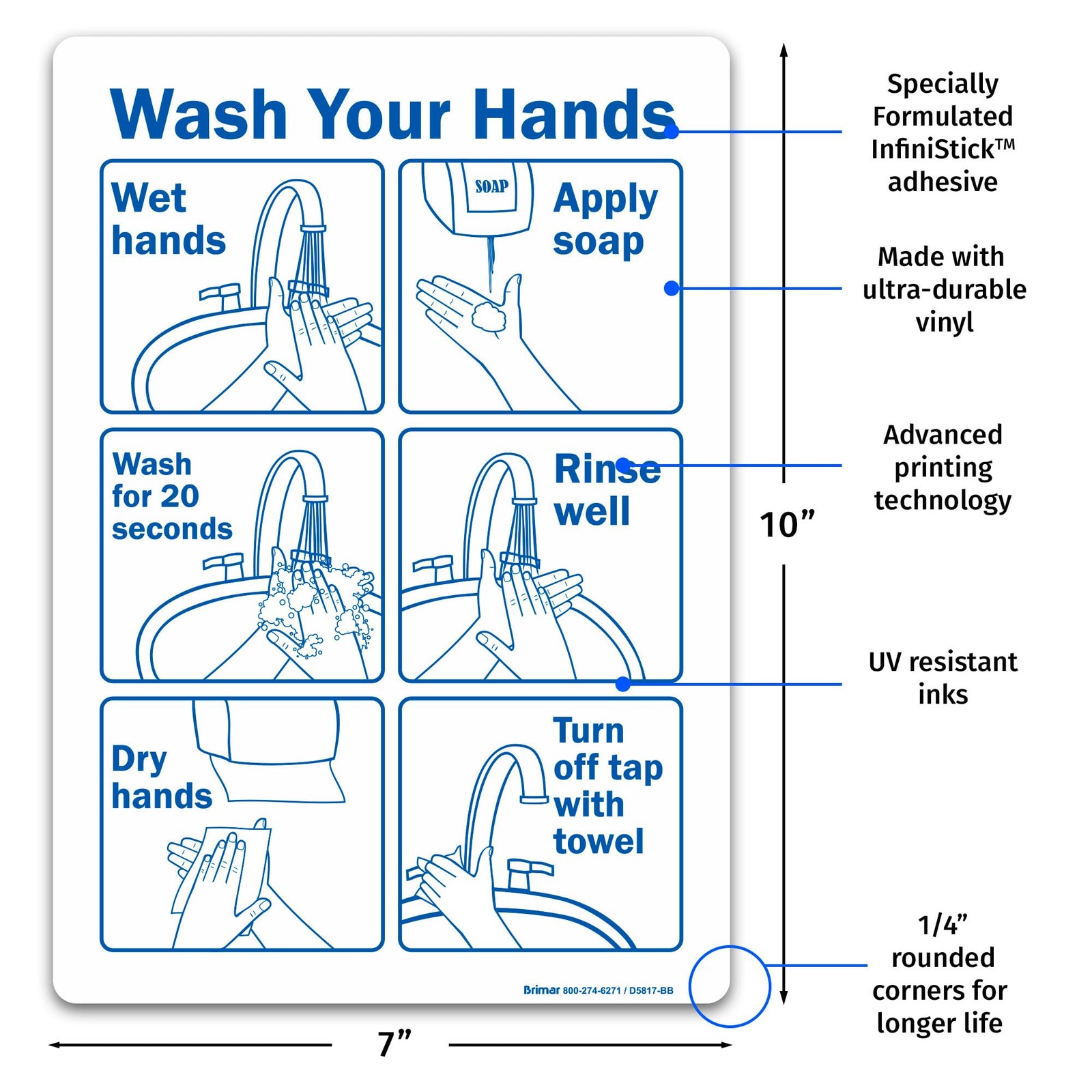 Wash Your Hands Instructions Sign InfiniStick Vinyl Label 7×10 Inch