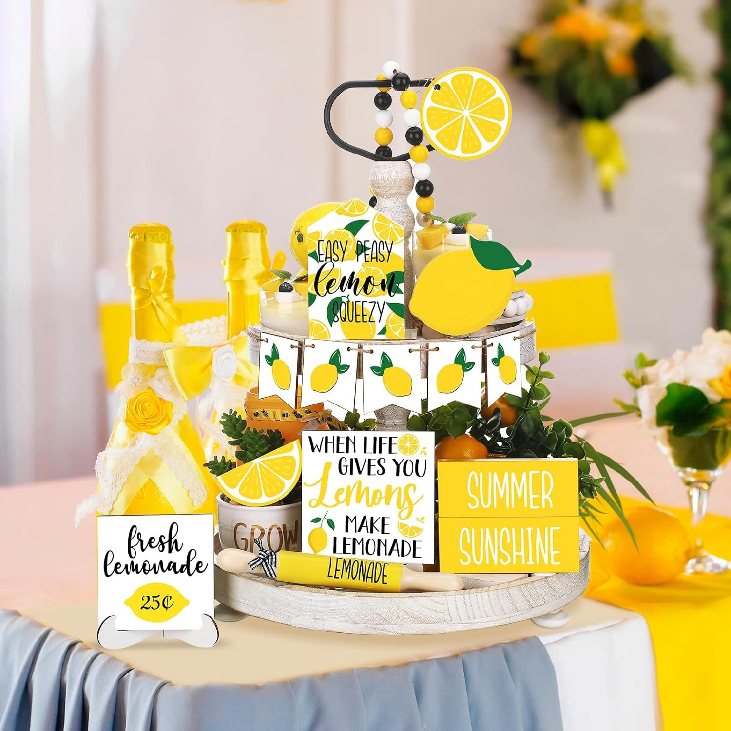 14 Pcs Summer Lemon Tiered Tray Decor Set Summer Table Decoration Lemonade Woode