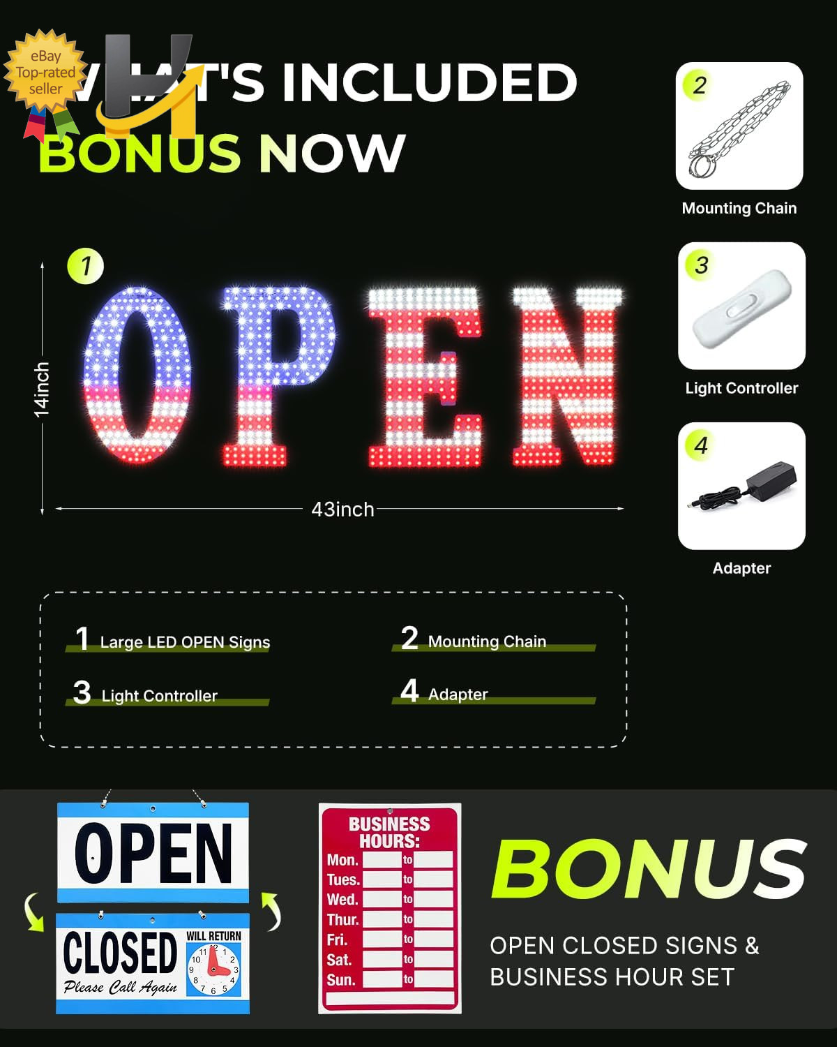 43×14 LED Open Sign Large Window Business Light Storefront Shop Bar US Flag Desi