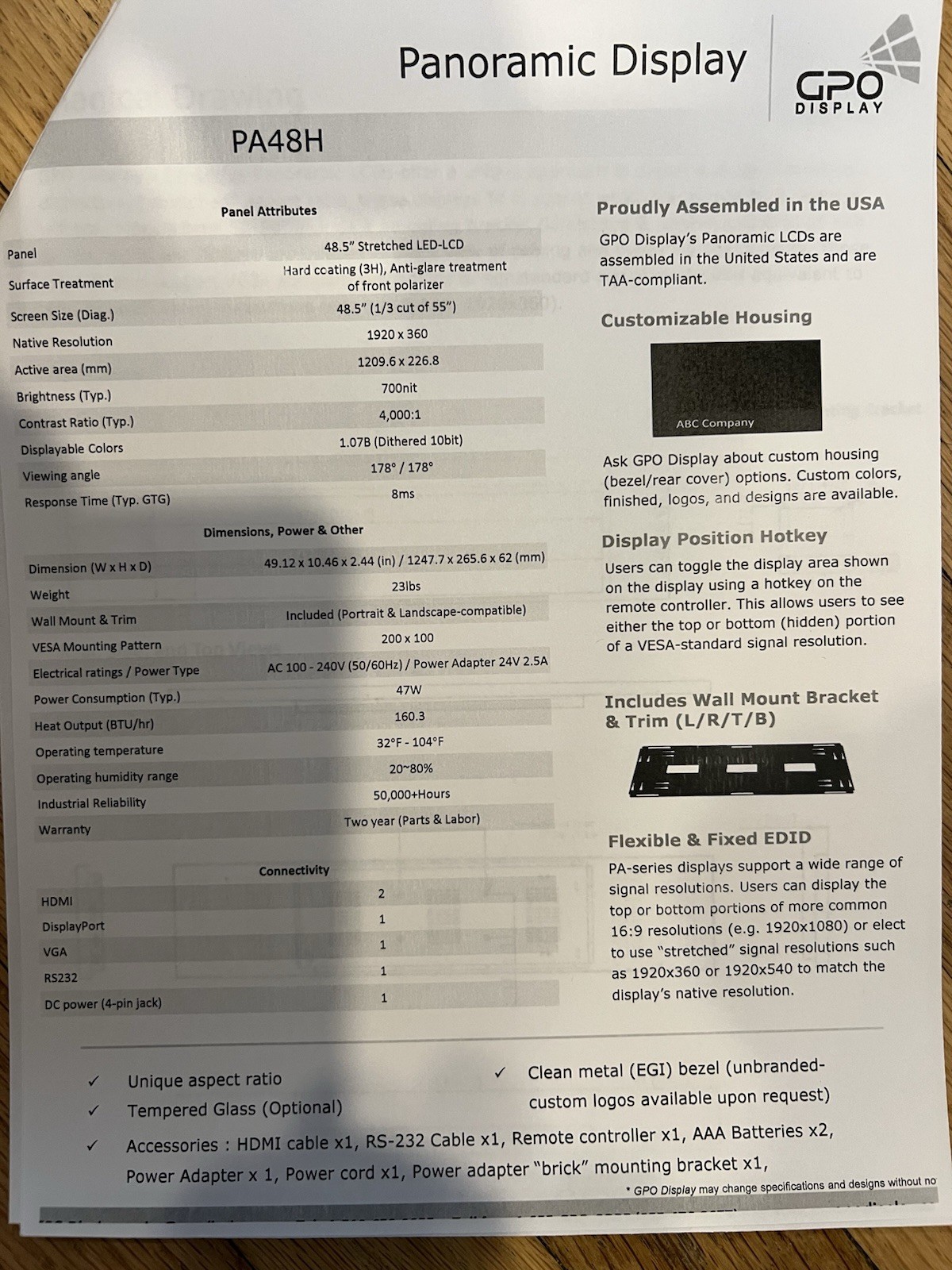 GPO 48” Panoramic Display W/RS232 Part # PA48H-P
