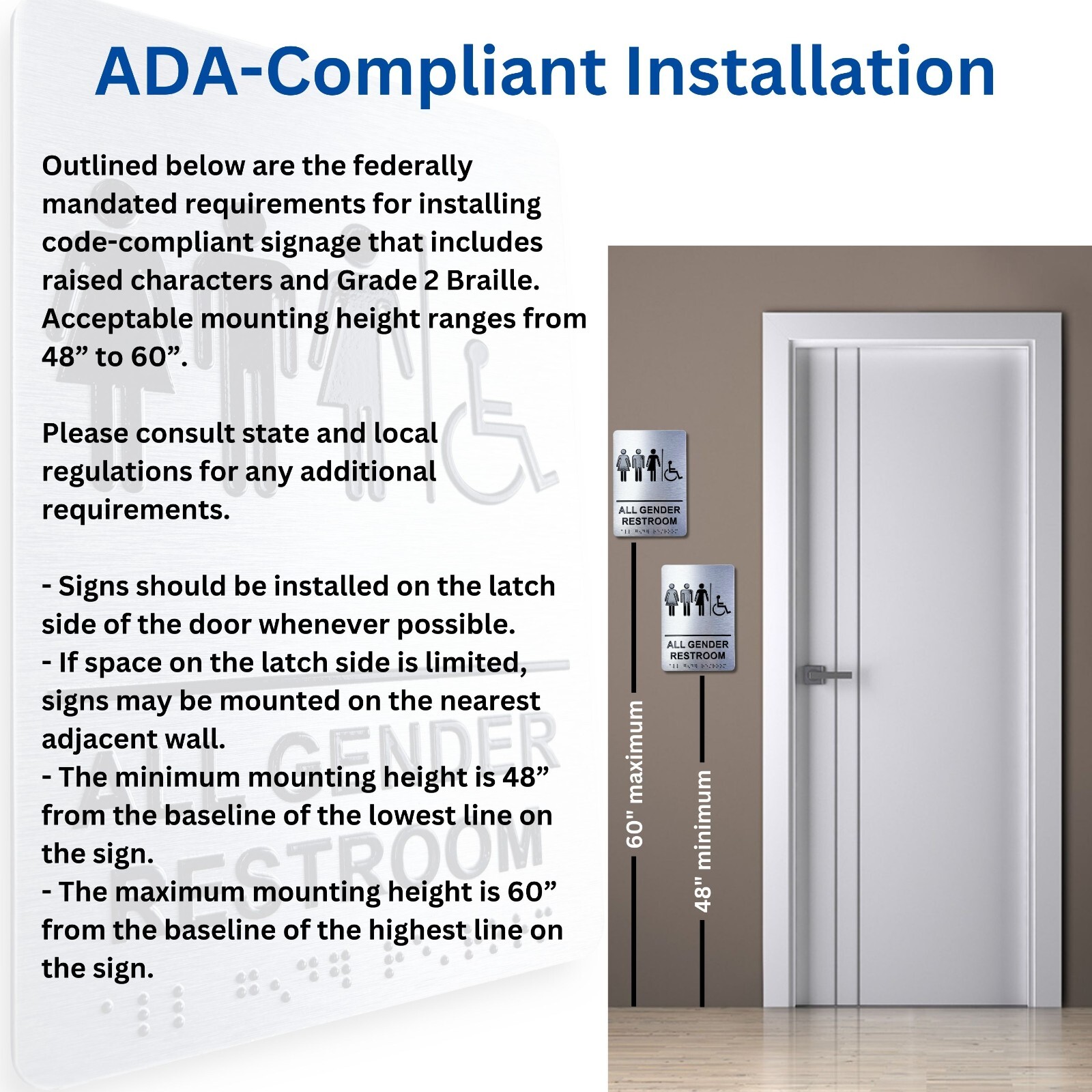 ADA Compliant, Restroom Signs, Brushed Aluminum with Braille text 6&Prime;x9&Prime;
