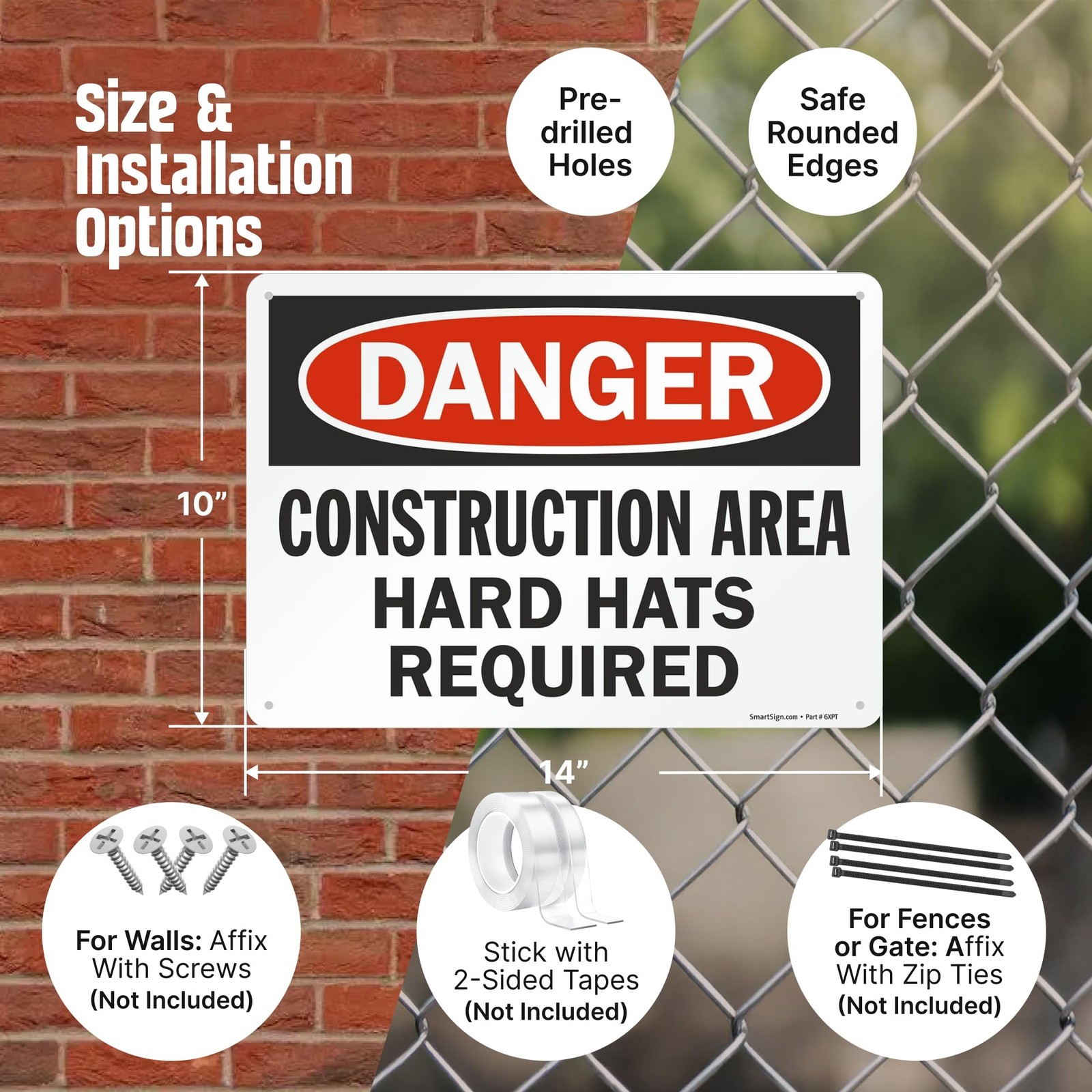 1 PCS U91386NA_10x14 Danger Hard Hats Required Sign 10×14 Inch Aluminum
