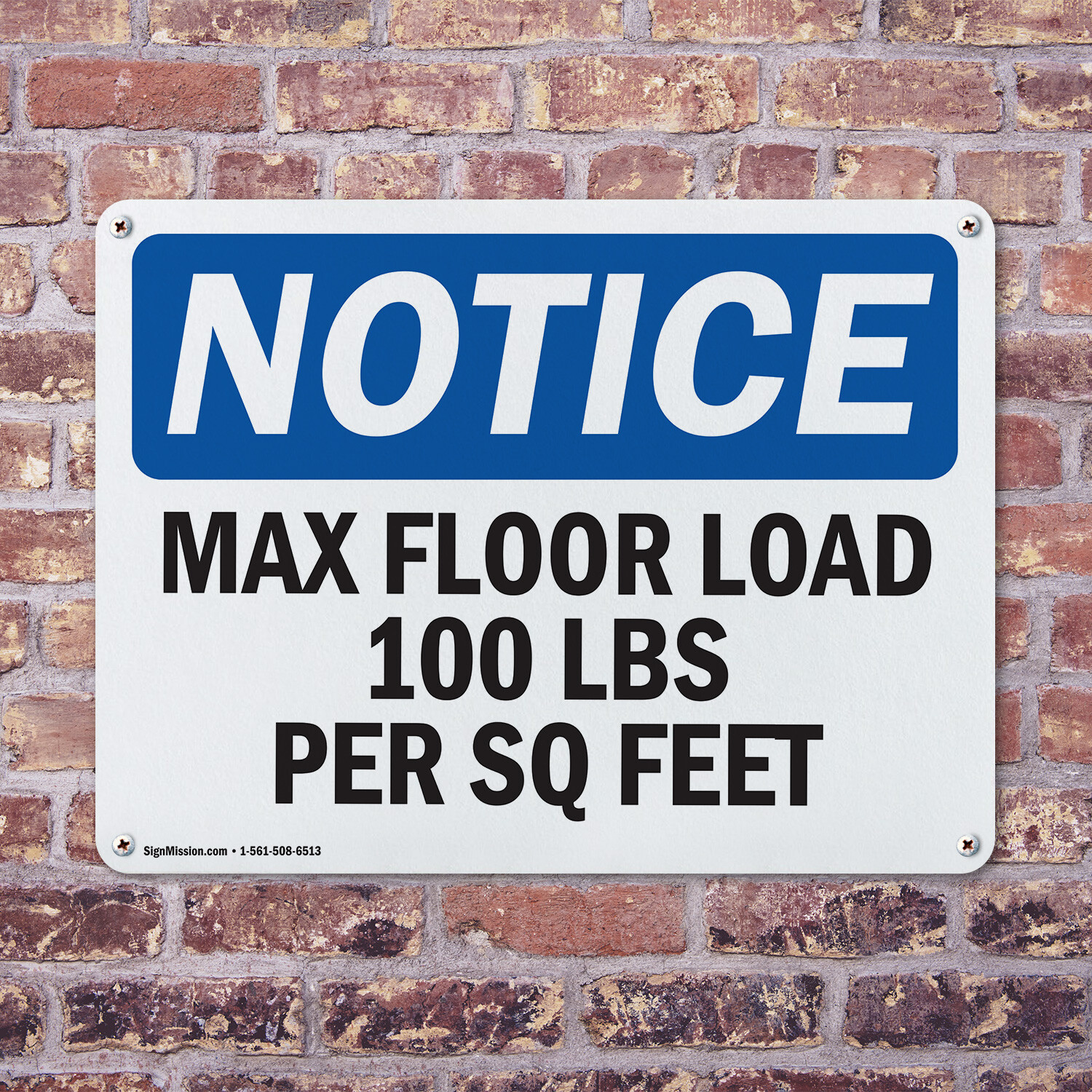 (2 Pack) Max Floor Load 100 Lbs Per Sq Foot OSHA Notice Sign Decal Metal Plastic