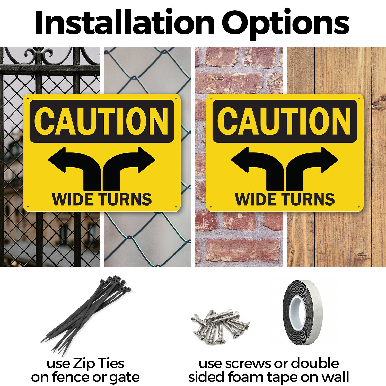 (2 Pack) Wide Turns OSHA Caution Sign Decal Metal Plastic