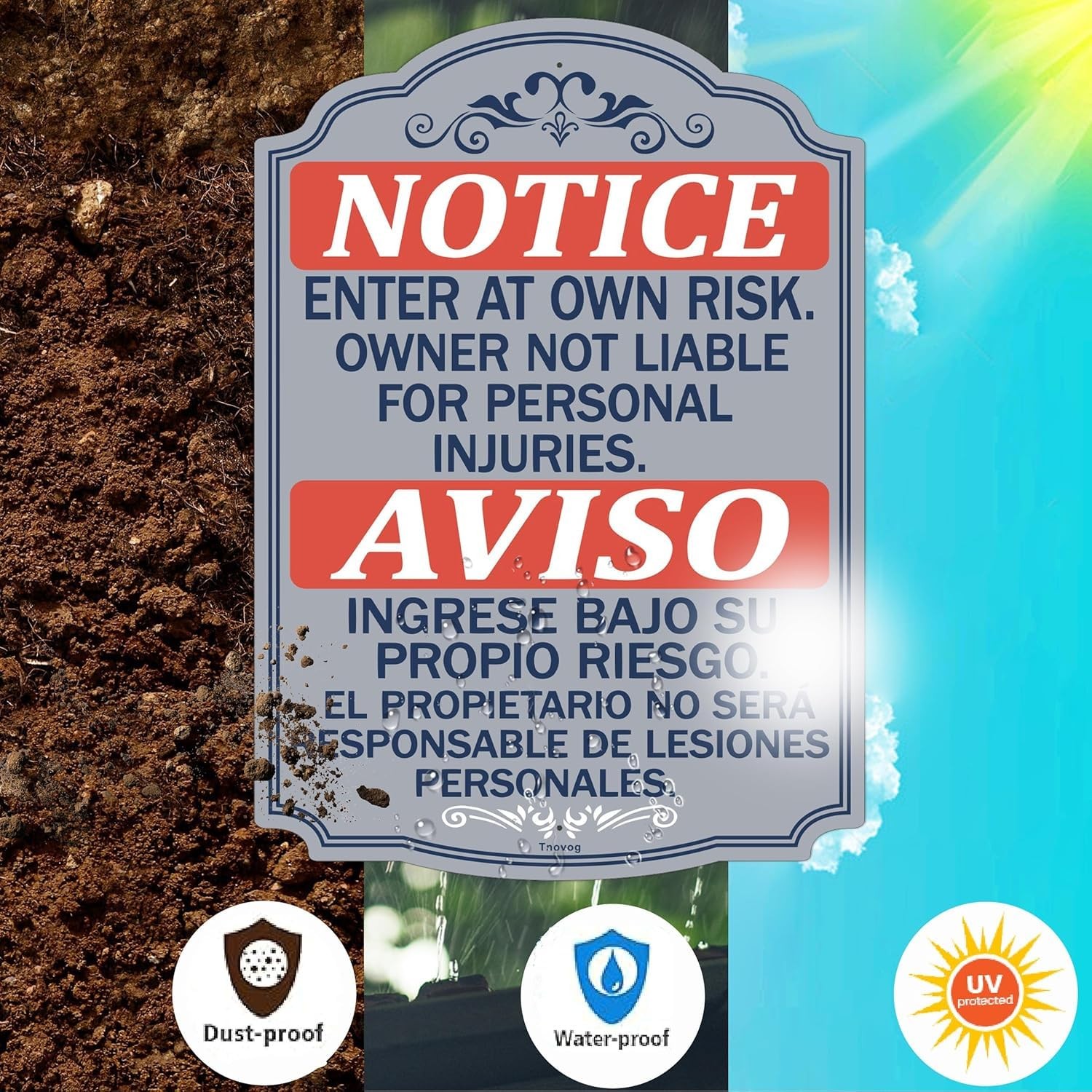 Notice Enter At Own Risk Bilingual Metal Security Signs 14×10 Inch 2 PCS