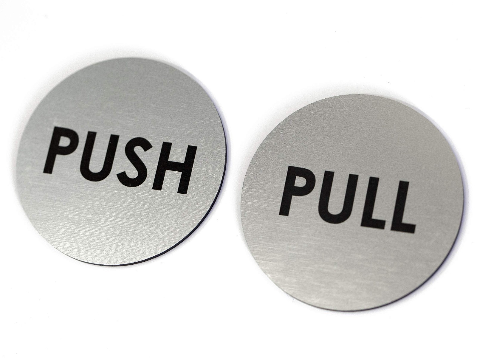Brushed Silver Push Pull Door Signs – Set of 2, 2&Prime; Round, Laser Engraved, Indoor