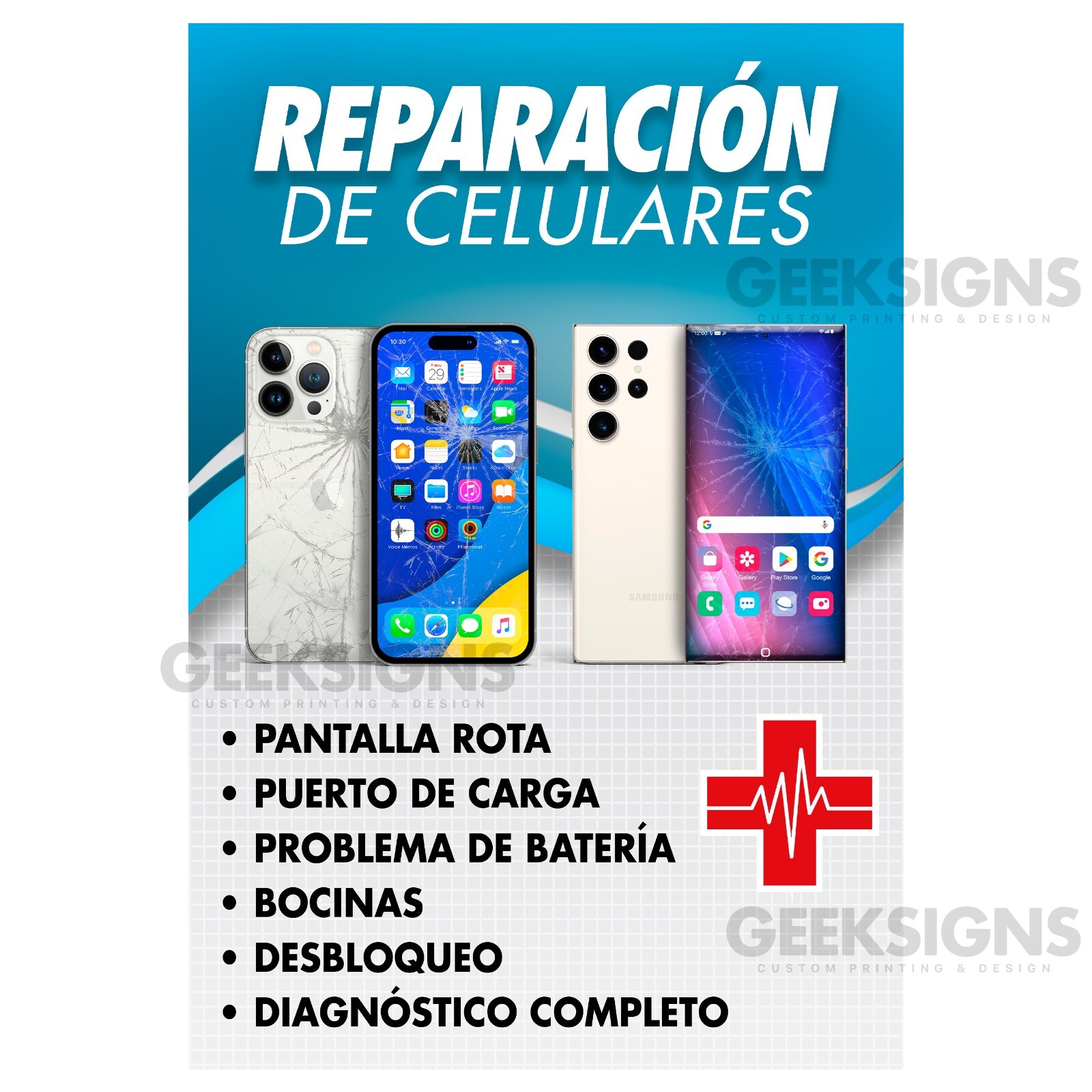 Cell Phone PC Repair Spanish Single Poster Sign Banner – Reparación de Celulares