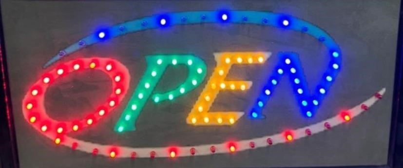 Multi colored rotating lights open sign for business-video included in listing