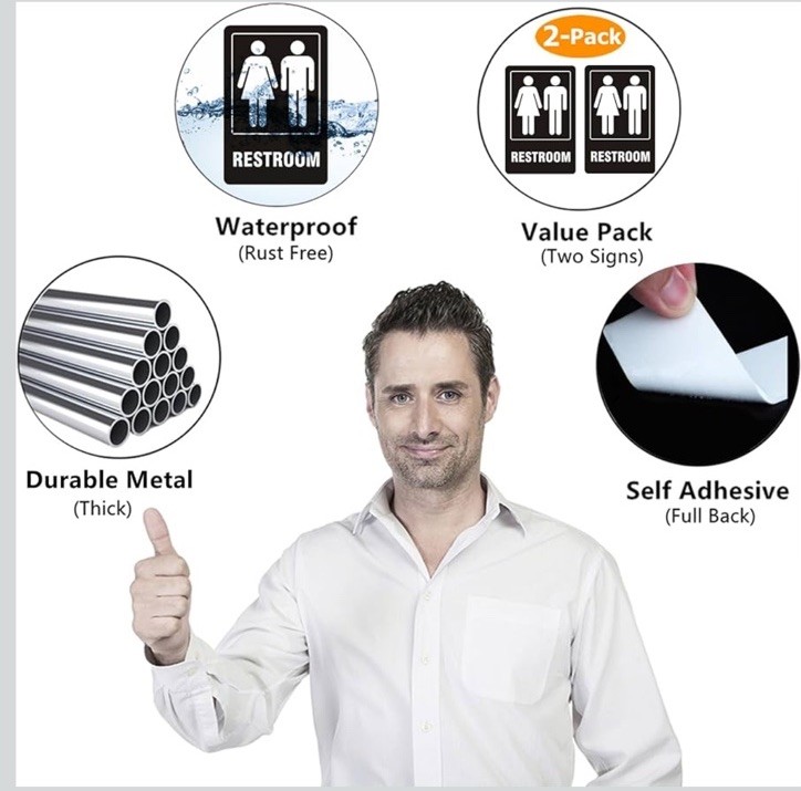 Restroom Signs Self-adhesive For Business, Home, For Door, Wall, Rust Free 2pack
