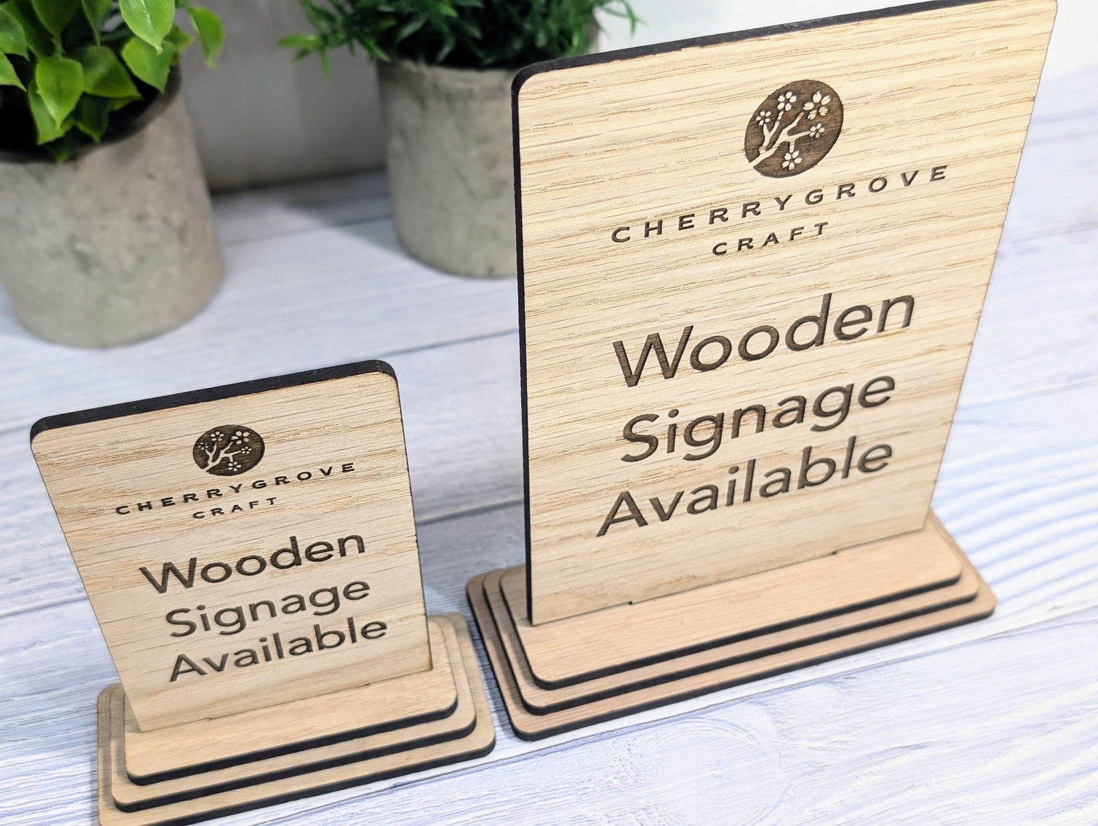 Personalised Wooden Table Signs – Custom Text, Logo, Freestanding, 2 Sizes