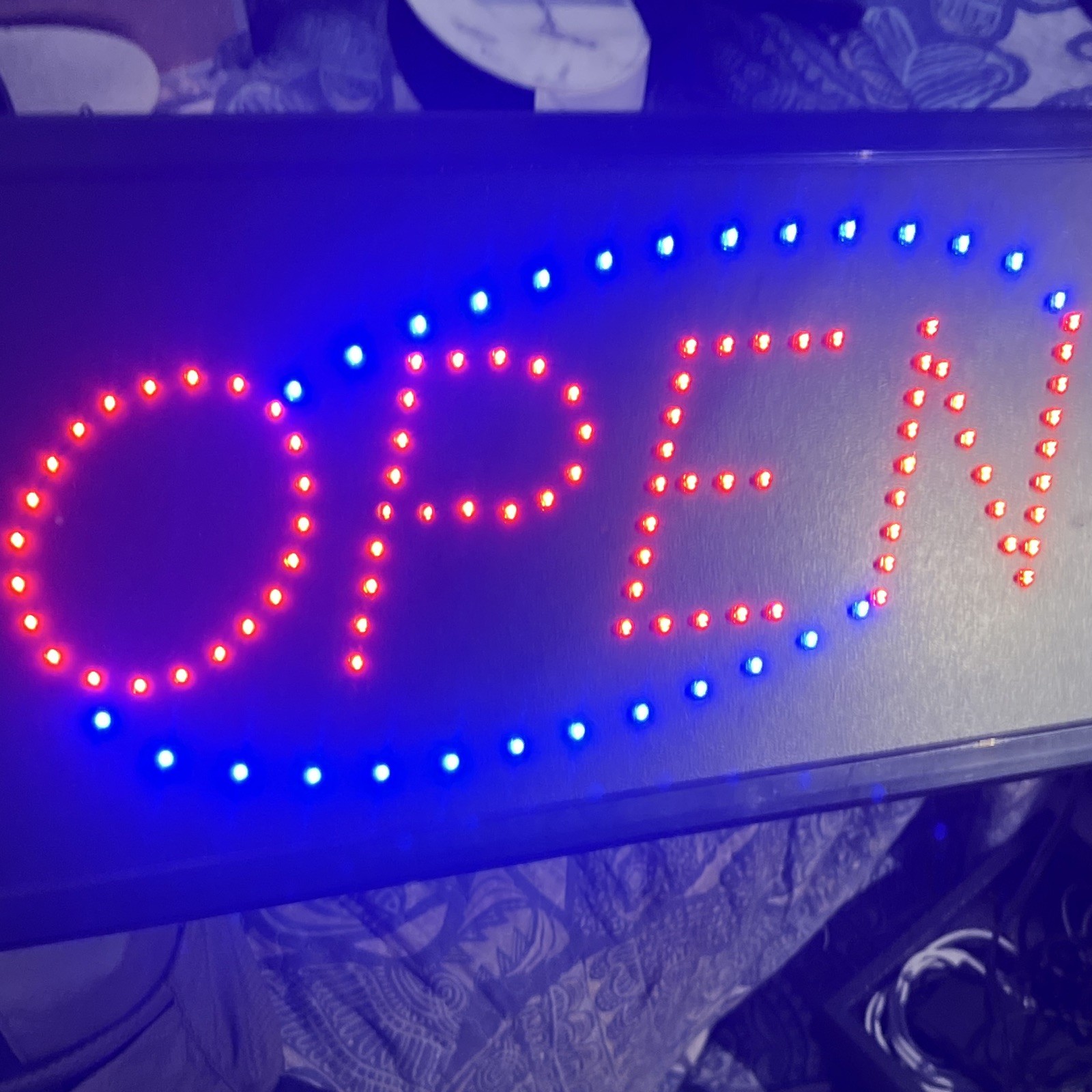 LED Double-Sided OPEN Illuminated Sign Red Letters Blue Border Black Frame