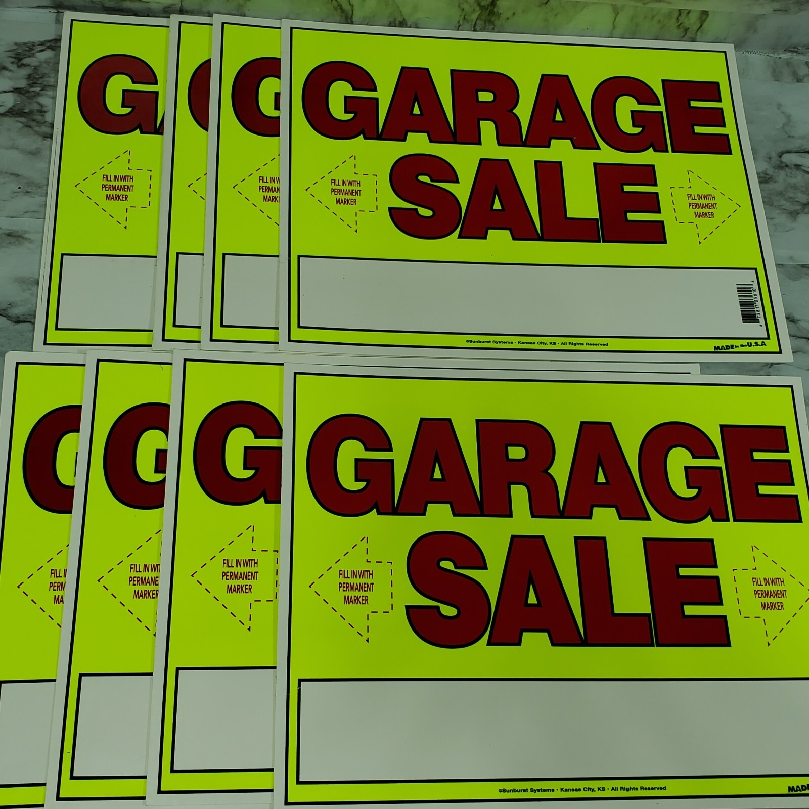 Sunburst Systems Neon Yellow Garage Sale Sign 11&Prime; x 14&Prime; with Arrows – Lot of 8