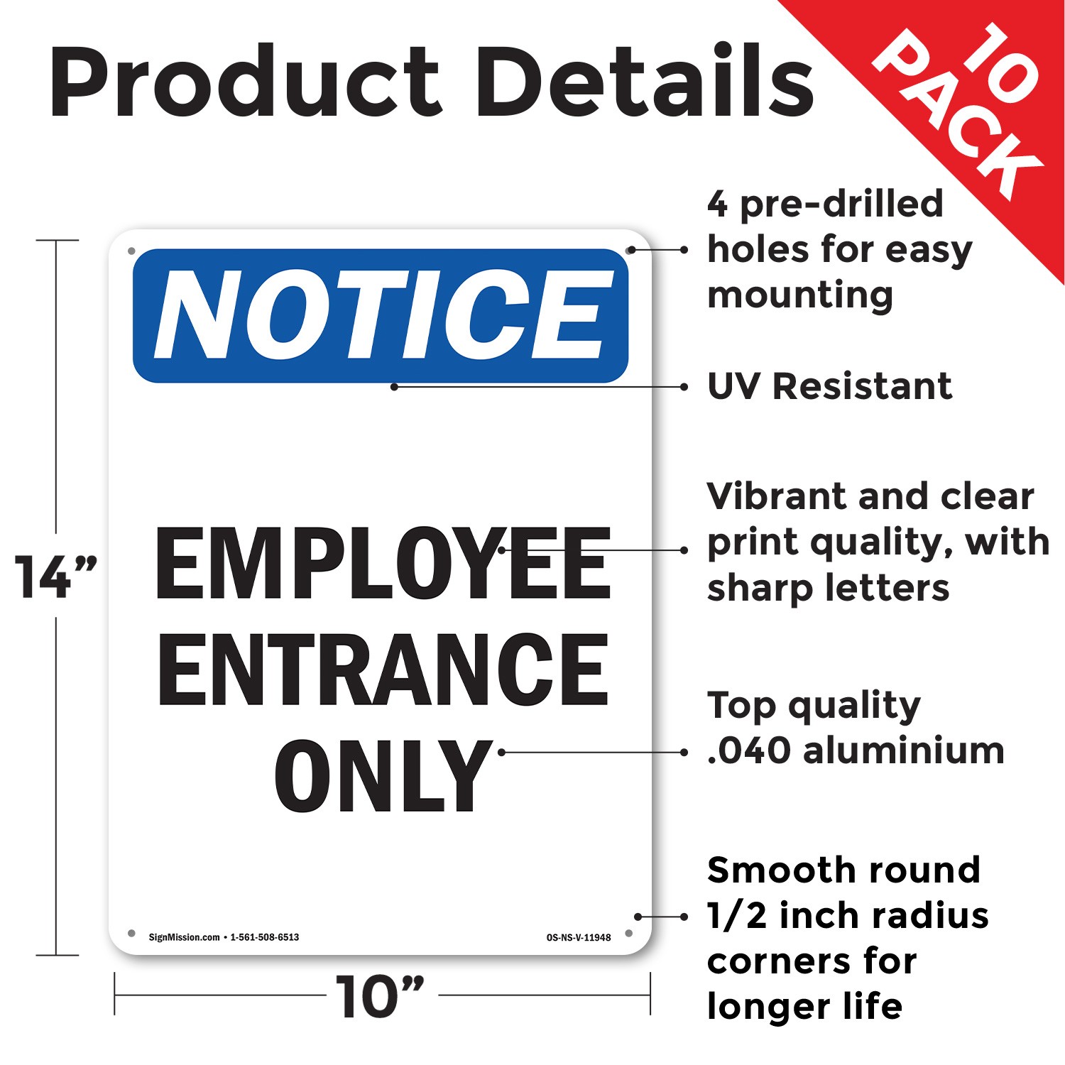 Employee Entrance Only OSHA Notice Sign Metal, Plastic, Or Decal – 5 or 10 Pack