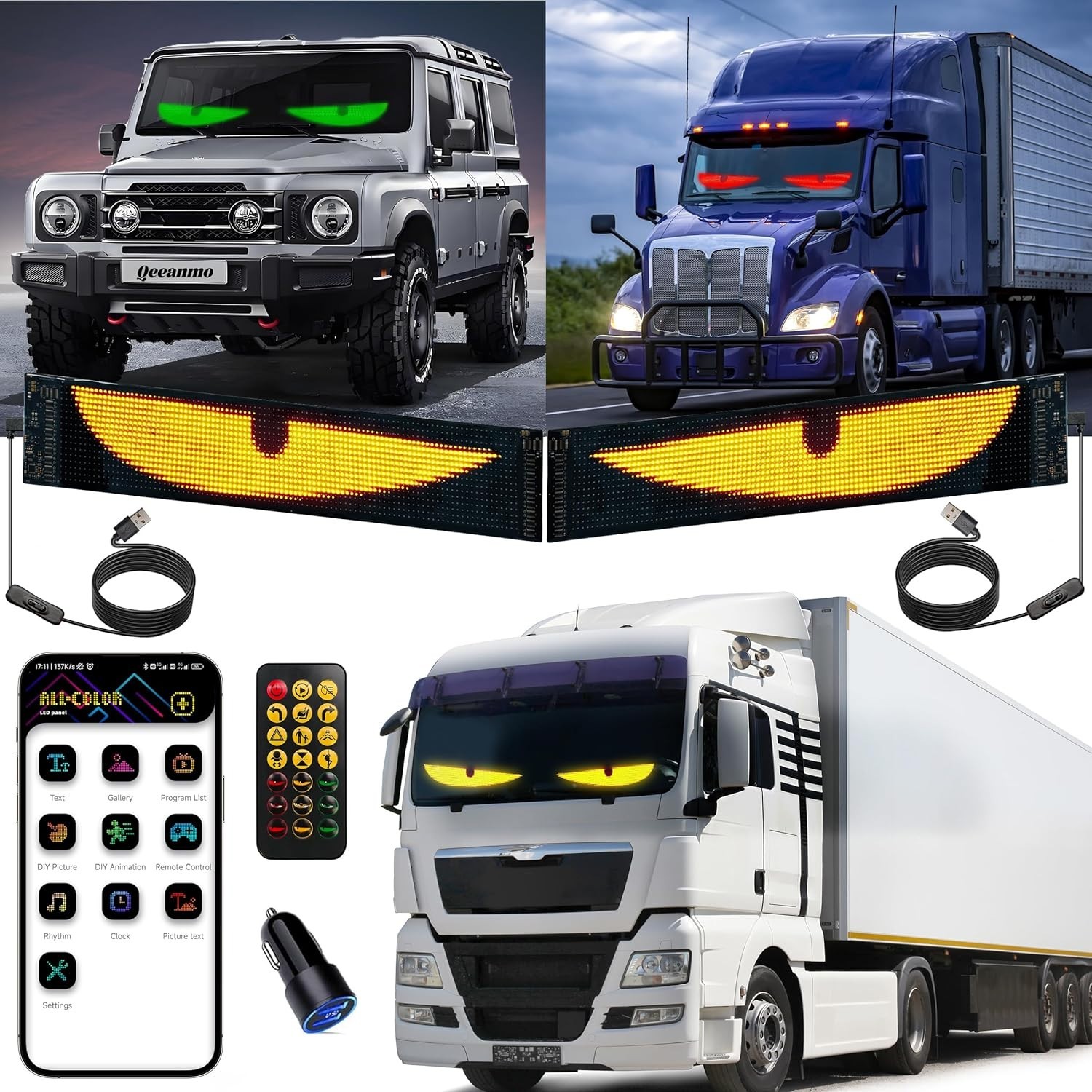 Customizable 23&Prime; x 5&Prime; LED Eyes for Car Windshield – Bluetooth & USB Powered