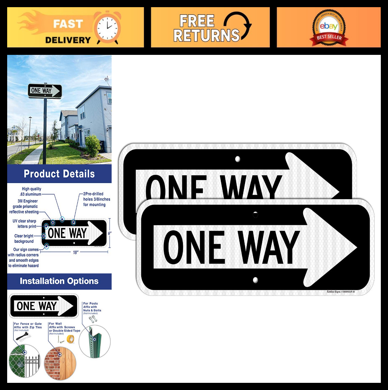 18×6 Reflective One Way Sign with Right Arrow – Rust-Free Aluminum, UV Protected