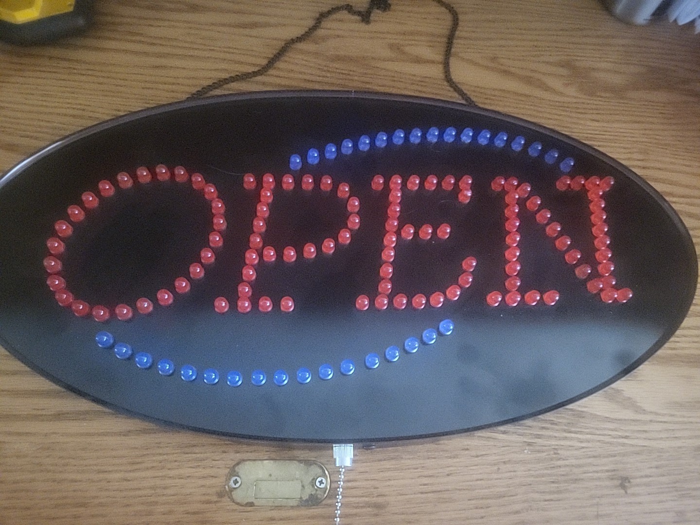 Vintage Used LED Electric Open Sign 21&Prime; x 13&Prime; Oval Shaped With Pull Chain