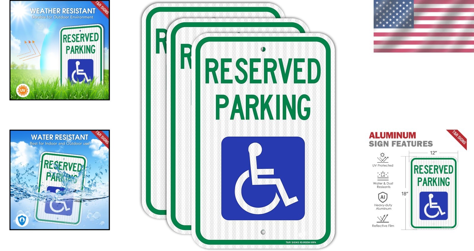 3 Pack Handicap Parking Sign, 18&Prime;x12&Prime; Reflective Aluminum